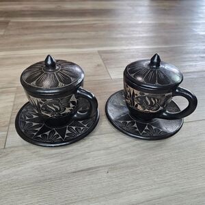 Decorative Coffee Cup 2 Set Handmade Pottery with Saucer and Lid